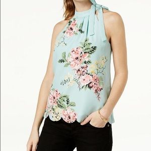 NWT Macy’s  bow neck Pastel green floral Top